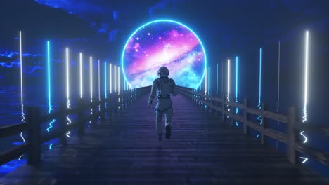 astronaut running through a cosmic portal