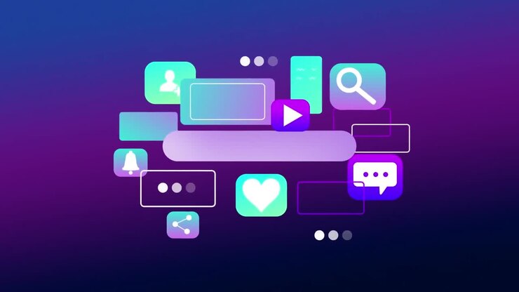 Animation of notification and social media icons on purple and blue background