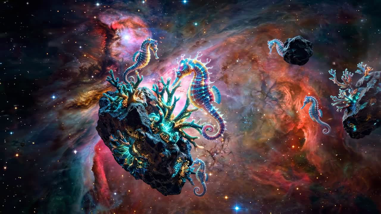 Cavallucci marini vivaci e coralli che fluttuano attraverso una nebulosa cosmica
