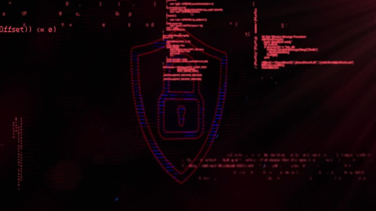 Animation of data processing over security padlock icon against black background