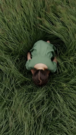 child in a green dress sitting in grass
