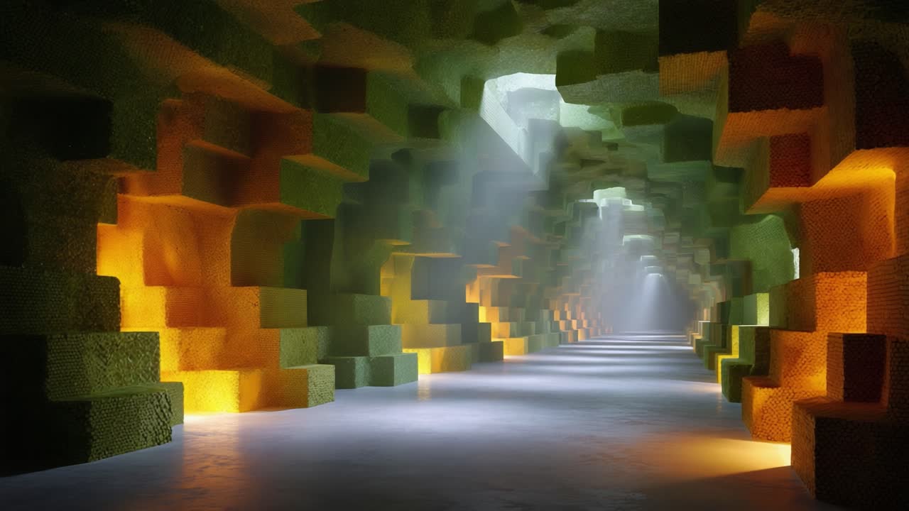 A Stretched Perspective of a Surreal and Colorful Architectural Passageway Illuminated by Soft Light, Showcasing Textured Walls and Extravagant Geometric Shapes