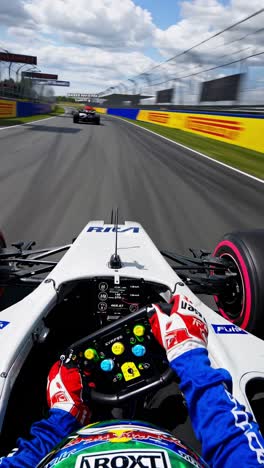 piloto de carreras profesional navegando por el circuito de fórmula 1 desde la vista de la cabina, maniobrando giros desafiantes mientras persigue al competidor a través de la pista de carreras de alta velocidad