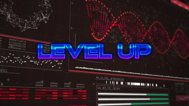 Animation of level up text over digital interface