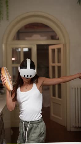 woman using vr headset in a kitchen, interacting with virtual bread