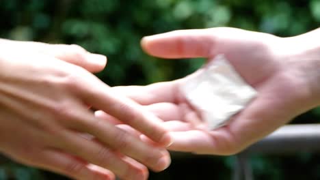 two people shake hands and pass a bag of white powder, a railing and bushes in the background