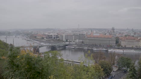 overlook of prague with bridges over vltava river, panning camera movement