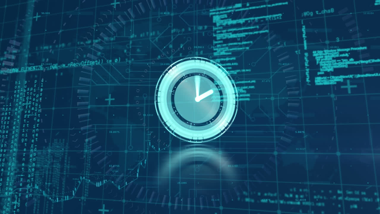 Animation of clock moving over data processing on blue background