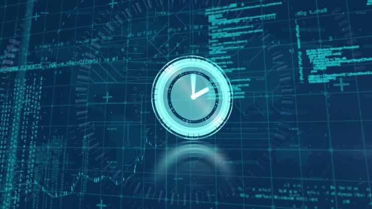 Animation of clock moving over data processing on blue background