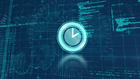 animation of clock moving over data processing on blue background