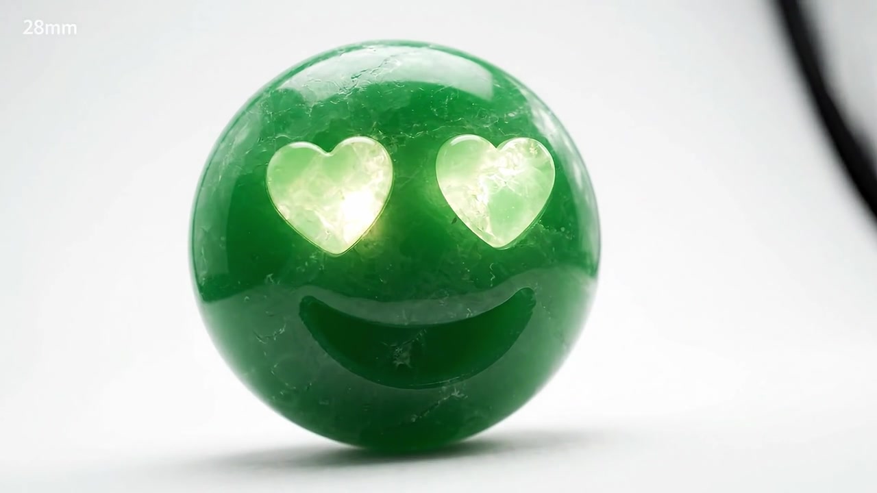 Una simpatica statuetta di faccina sorridente verde con occhi a cuore, che mostra dettagli intricati e un design giocoso su uno sfondo bianco brillante.