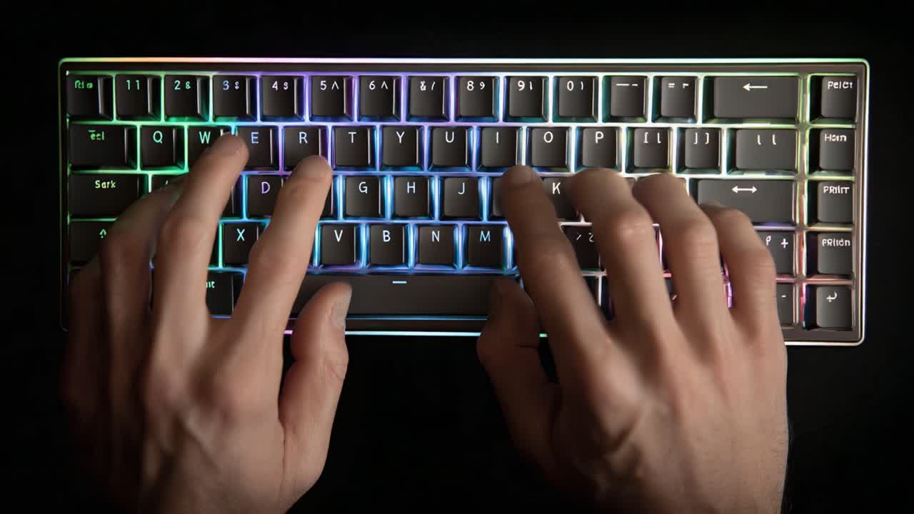 Close-up tangan mengetik pada keyboard dengan lampu latar warna-warni, menampilkan gerakan yang mengalir dan desain modern dari gaming atau pengaturan produktivitas