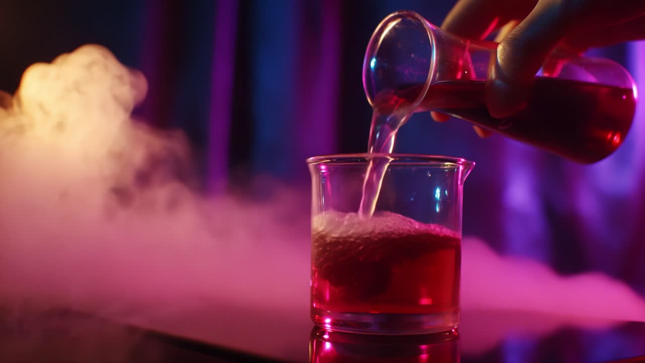 A Close-Up View of a Colorful Liquid Being Poured into a Glass with Bubbling Foam, Surrounded by Wispy Vapor and Illuminated by Vibrant Colored Lights, Creating a Mystical and Enchanting Atmosphere