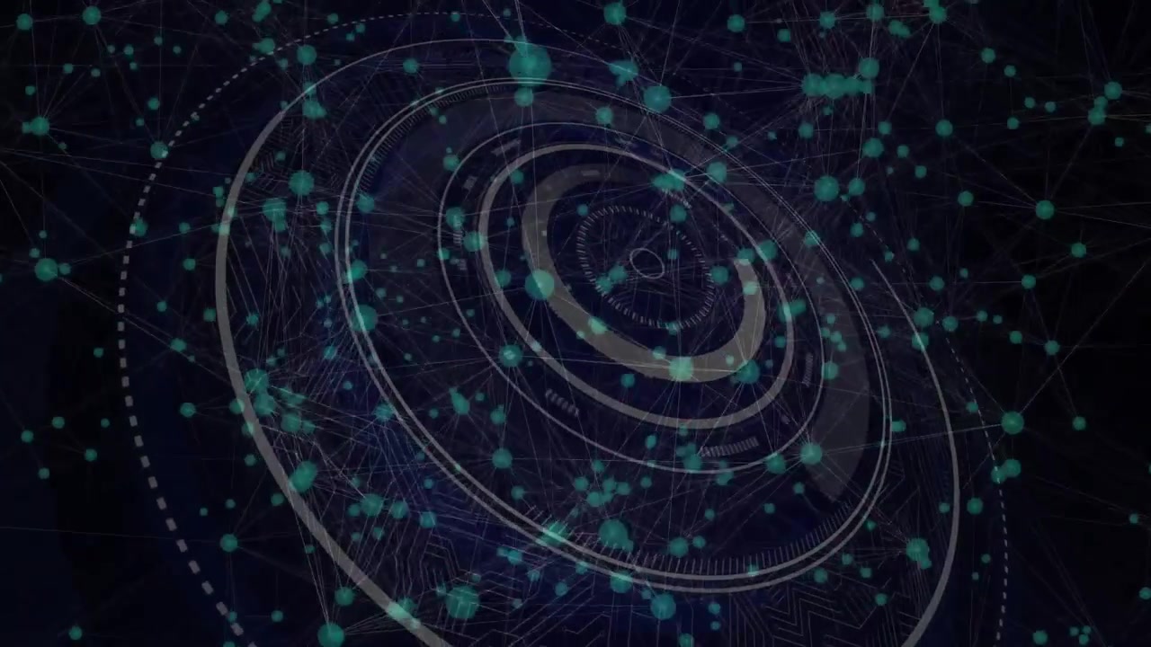 Faint ellipses appearing around nodes starting concentric rings rotating expanding into glowing HUD