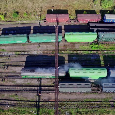 aerial view of freight train in a rail yard