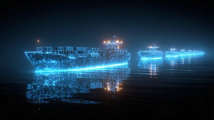 Futuristic fleet of digital cargo container ships glowing with blue light sailing in a line on a dark, calm sea, representing modern global logistics, shipping industry, and maritime transport