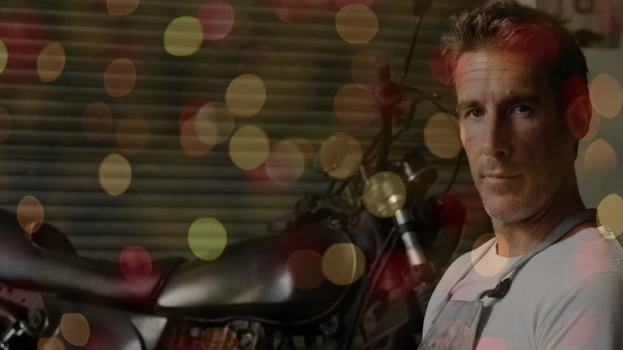 Vintage motorcycle mechanic being animated in flat design garage, with tool icons and warm lighting