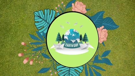 Animation-Von-Text-Zum-Tag-Der-Erde-Und-Ökologie-Logo-über-Blumen-Auf-Grünem-Hintergrund