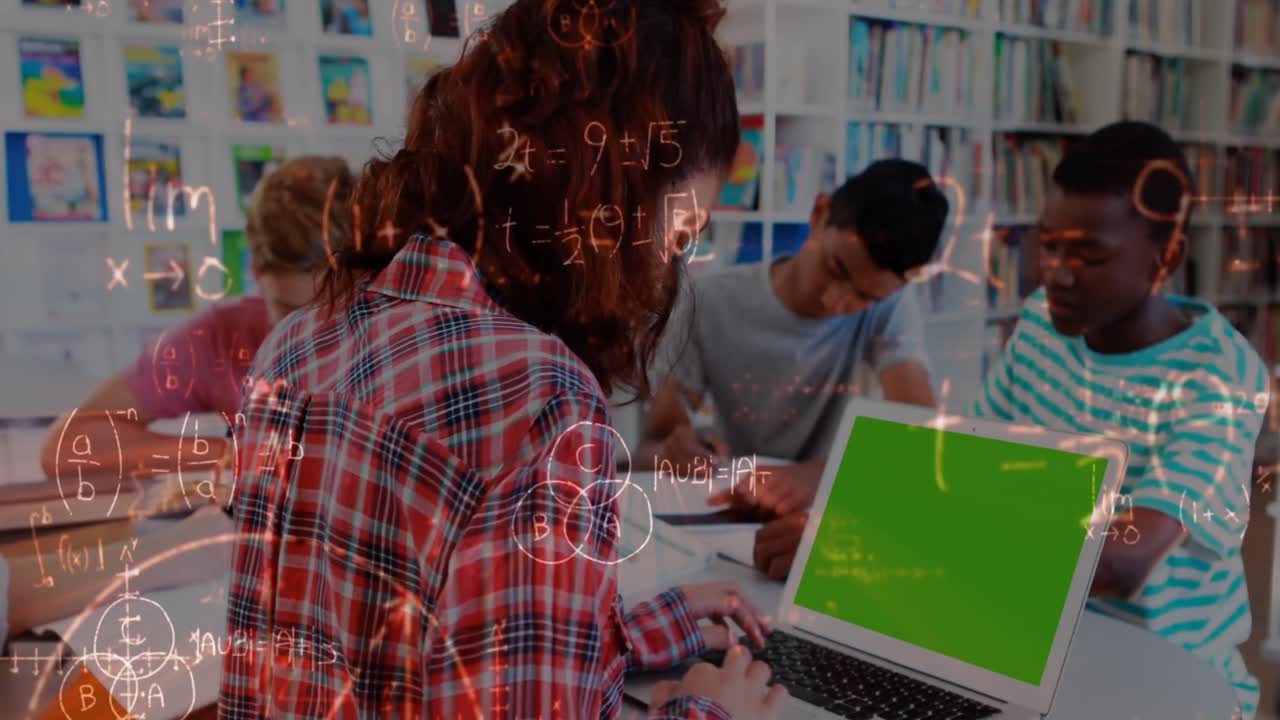 Animation of mathematical equations with schoolgirl using laptop with green screen in classroom