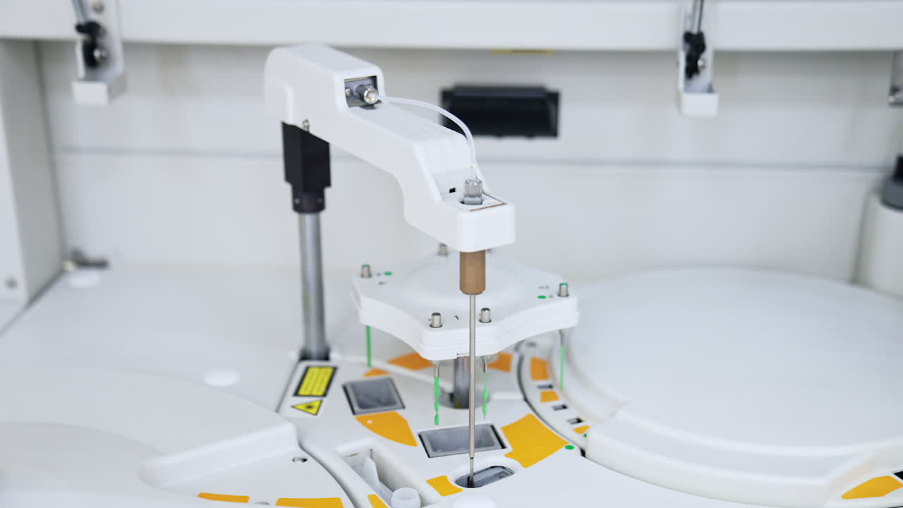 Equipment working at the modern science laboratory. Close up. Advanced apparatus for blood testing at hospital.