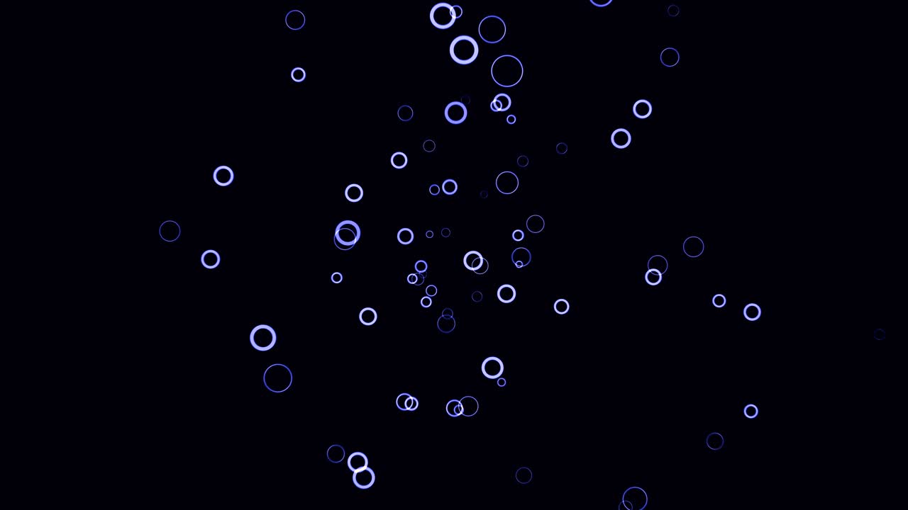 Many small colored circles appear on a dark background and move slowly, seamless loop. Animation. Beautiful purple rings in 3D motion falling down.