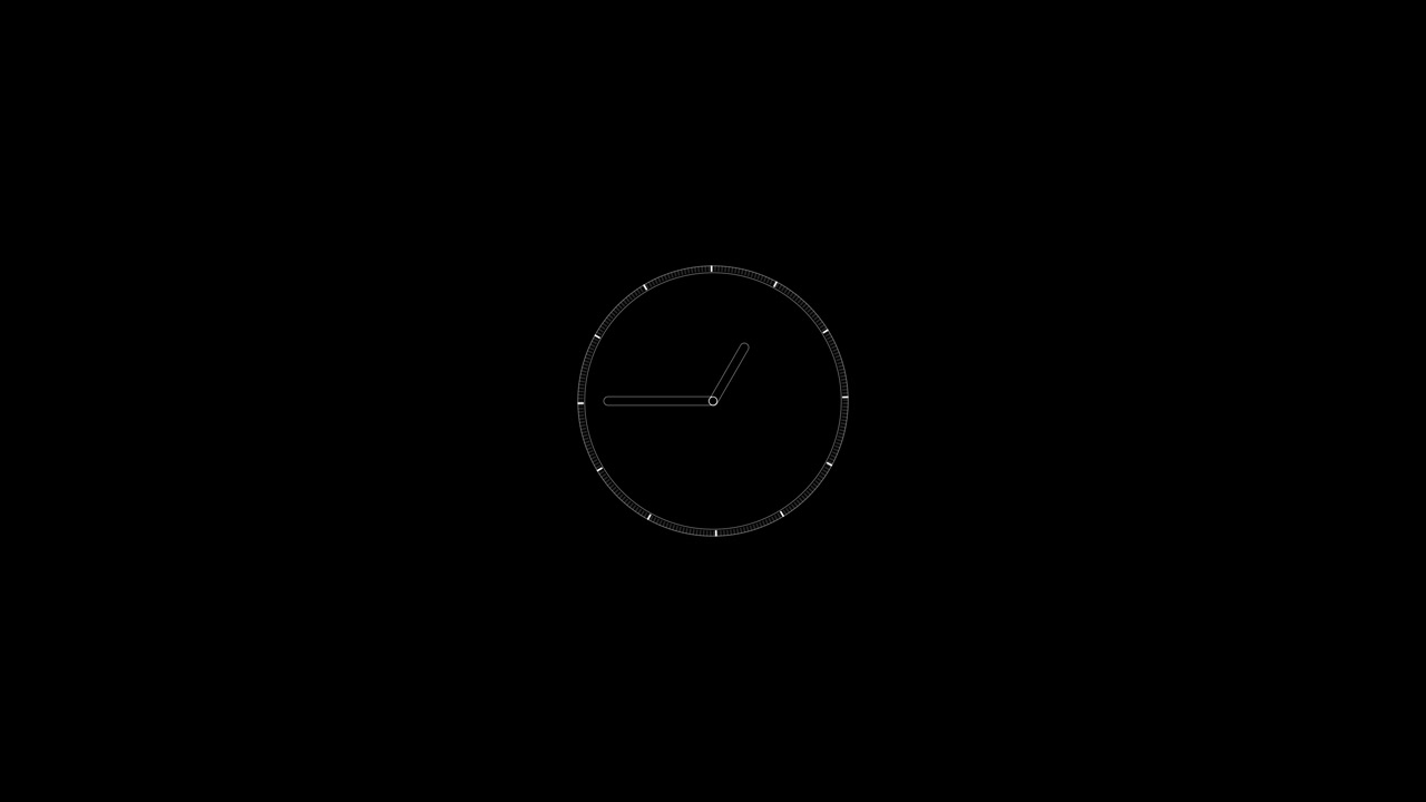 White clock icon centered on black background showing time through clean graphic design for