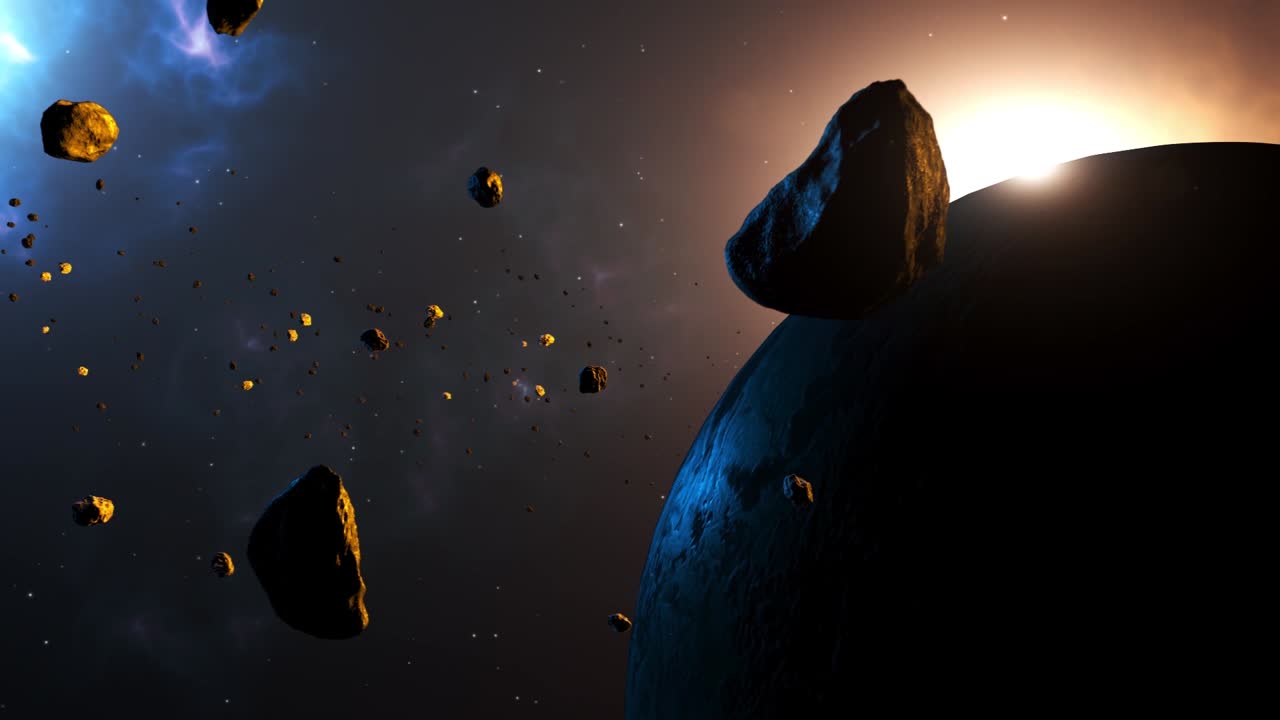 animación de volar a través de un asteroide archivado en el espacio que rodea un planeta