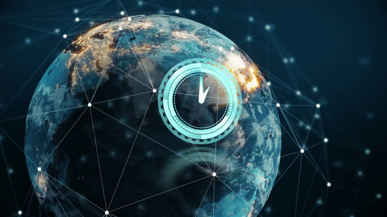 анимация тикающих часов и сети соединений над вращающимся глобусом на синем фоне