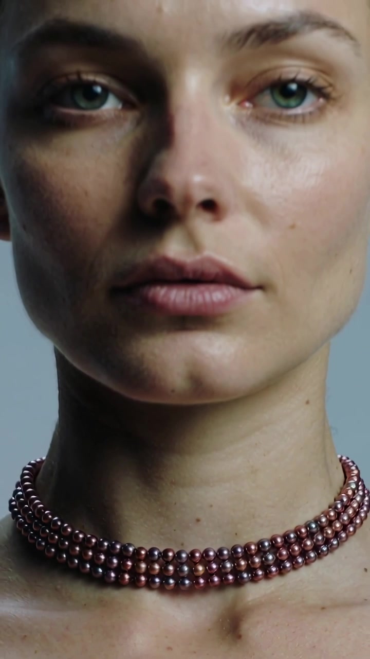 Video verticale: La telecamera si allontana rivelando una modella che mostra un choker in studio, evidenziando le perline.
