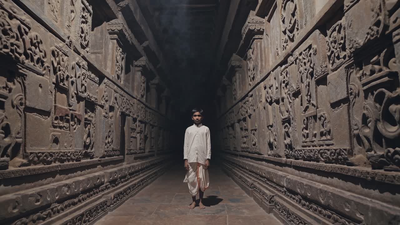 Indian boy wearing traditional clothes stands in a dimly lit corridor of an ancient stone temple, the walls adorned with intricate bas reliefs, creating a mystical and spiritual atmosphere