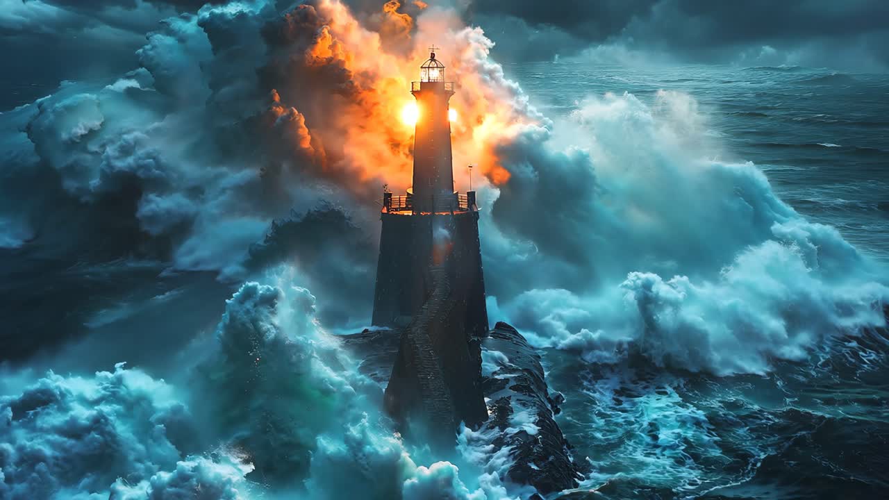 A lighthouse is in the middle of a huge wave. The waves are crashing against the lighthouse and the water is very rough