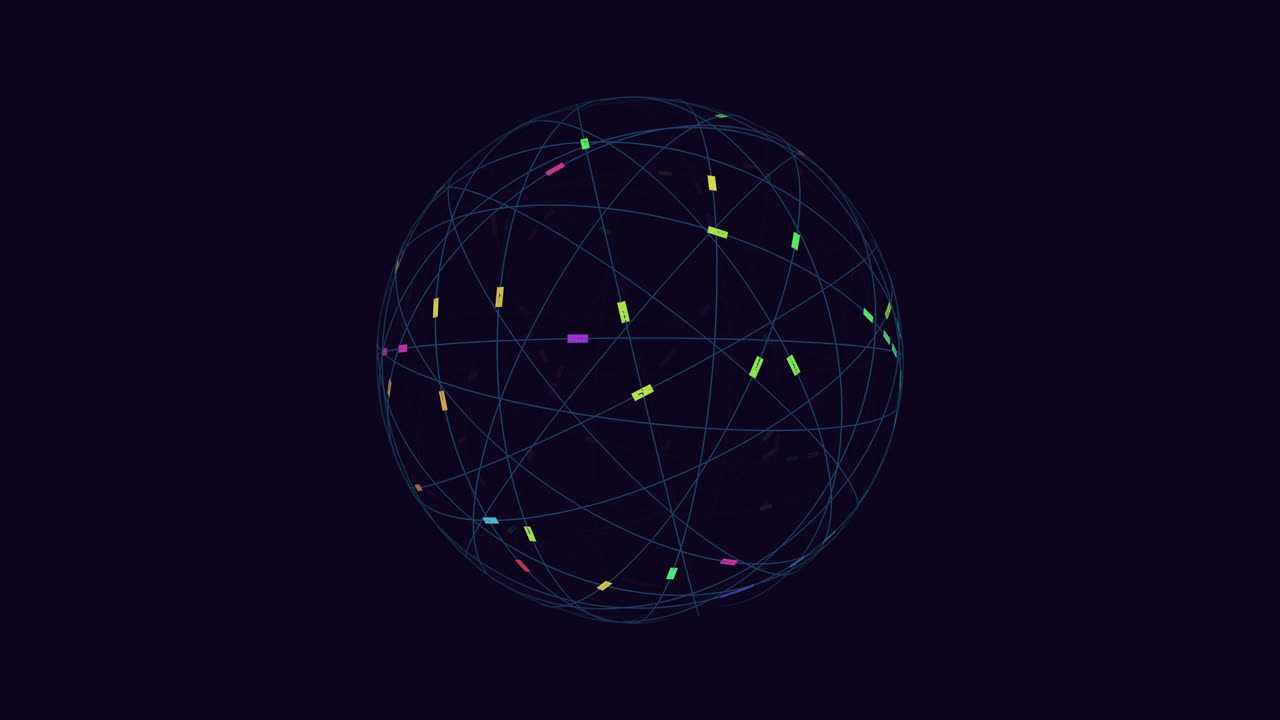 Futuristic sphere from neon lines and glitters on black gradient