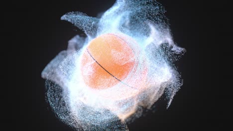 rotación de una pelota de baloncesto con partículas de giro blanco, renderización 3d