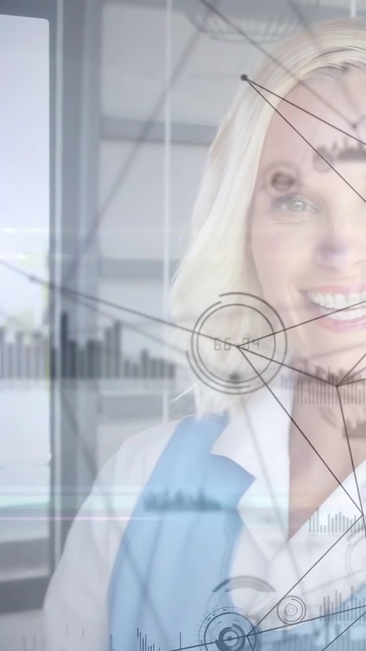 Vertical video: HUD starting, woman entering and turning to profile, showing network data in office