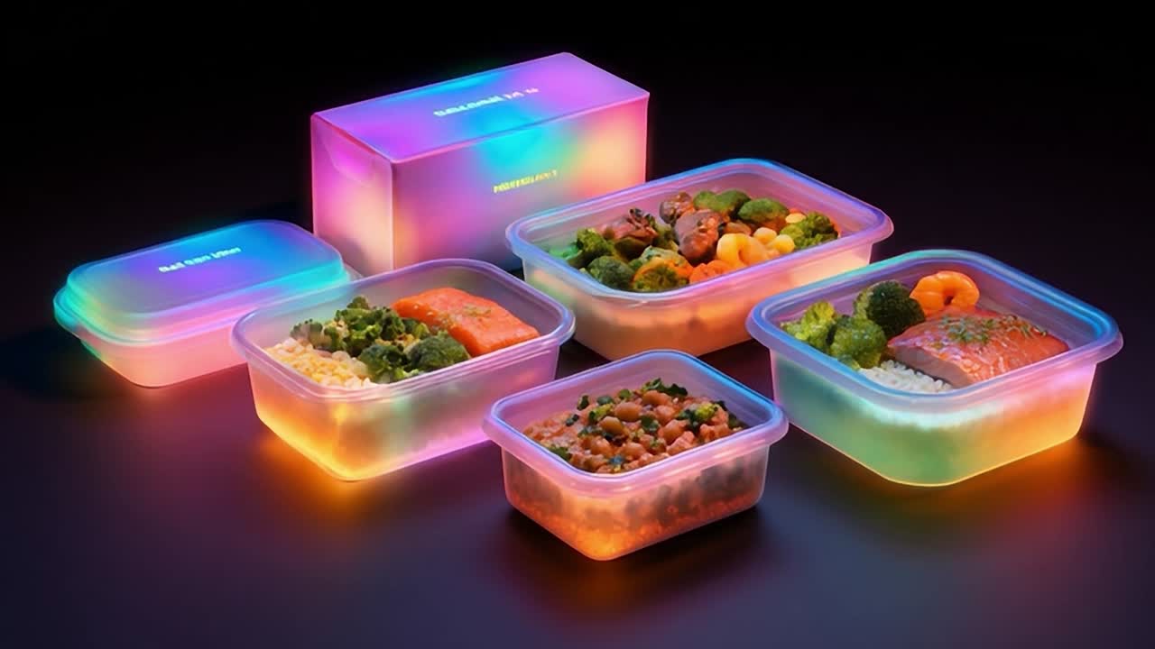 Contenitori colorati per la preparazione dei pasti disposti con alimenti sani