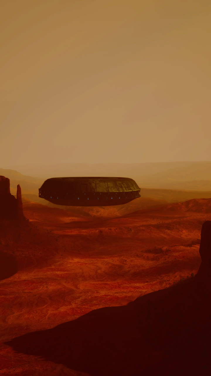Un'astronave futuristica si libra su un paesaggio desertico rosso