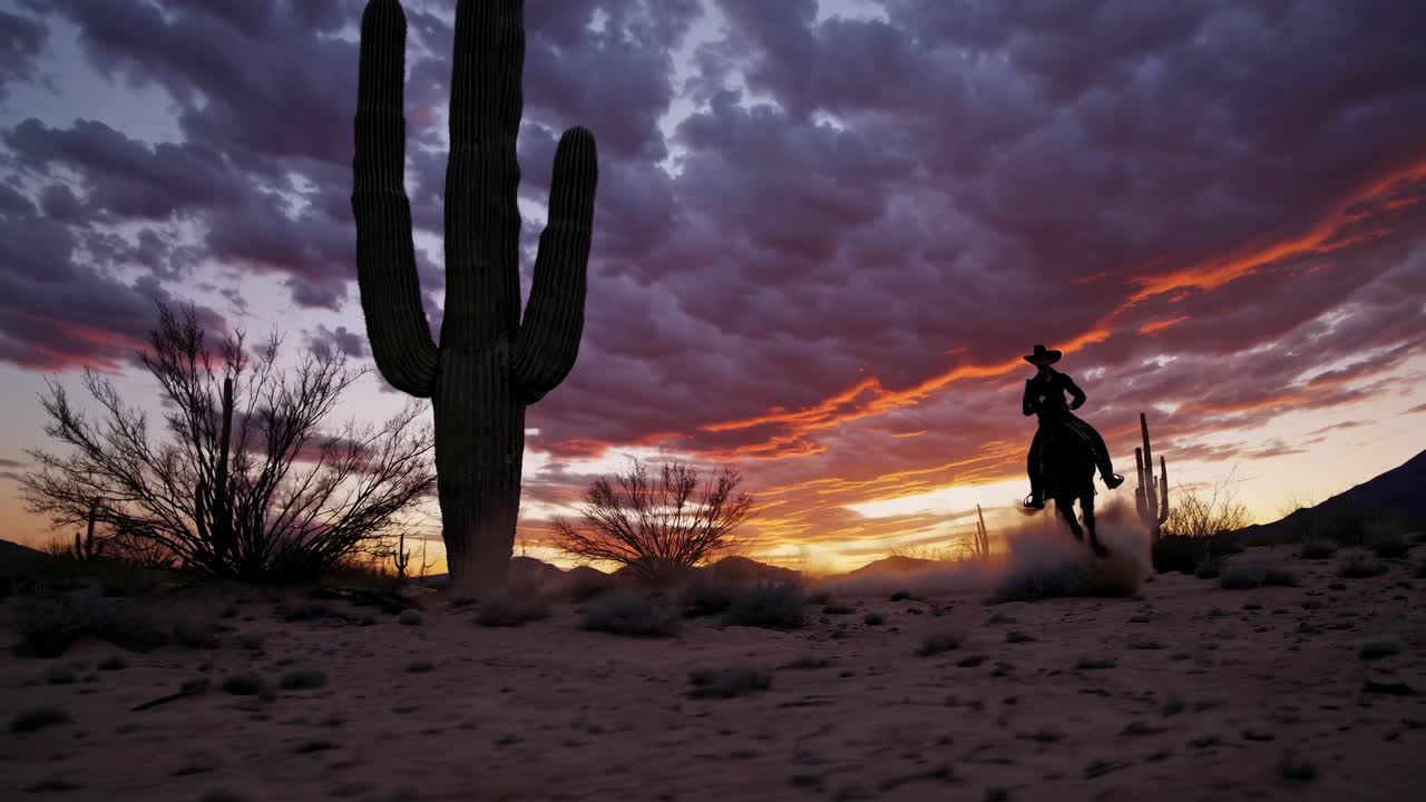 Silhouette di cowboy a cavallo nel deserto al tramonto drammatico