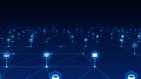 motion graphic of blue digital stoage icon and line linked network connection futuristic technology abstract background concept camera zoom seamless loop video