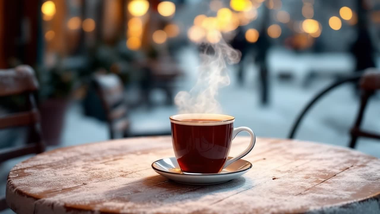 Steaming cup of coffee on snowy table with warm ambiance and blurred background lights