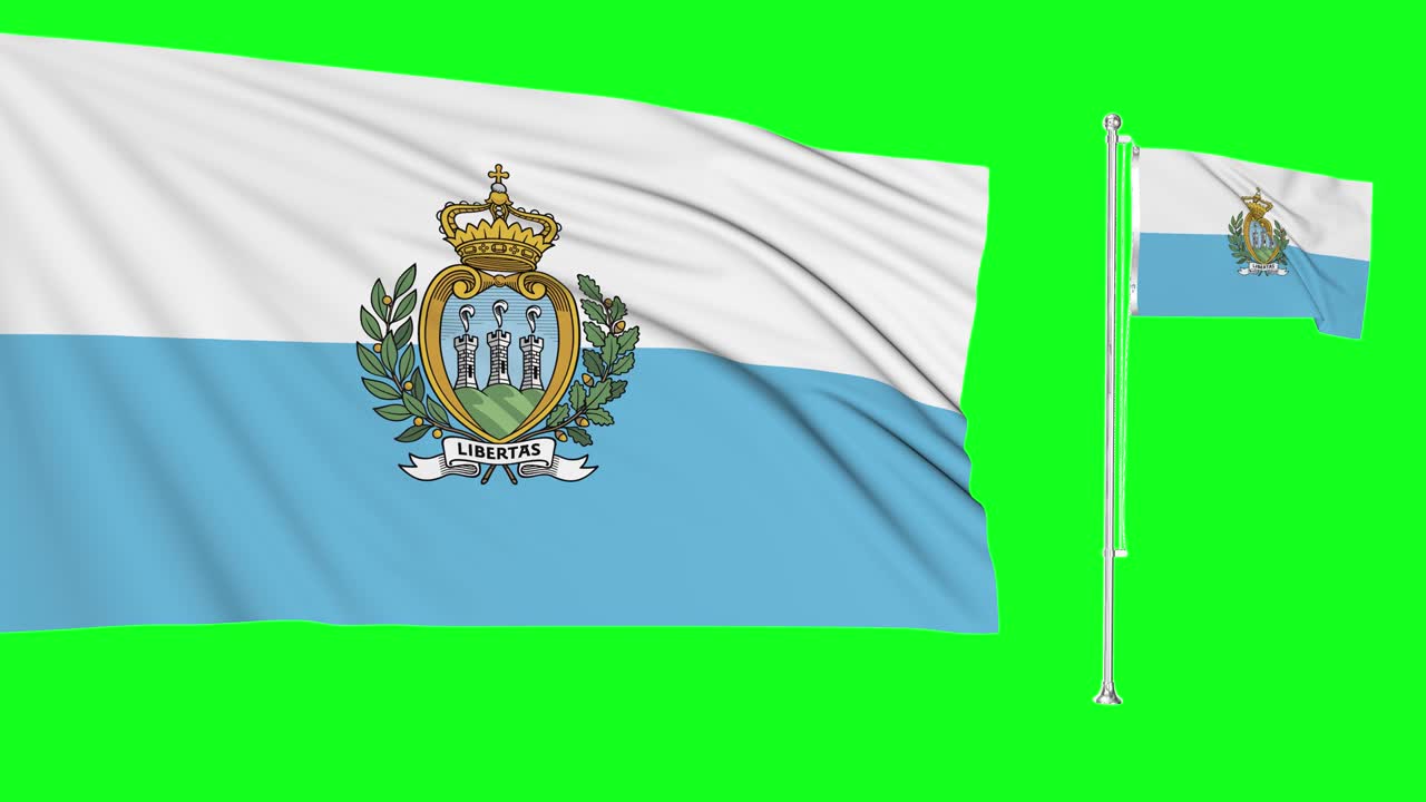 pantalla verde san marino dos banderas ondeando el mástil de la bandera sammarinesa animación 3d clave de croma