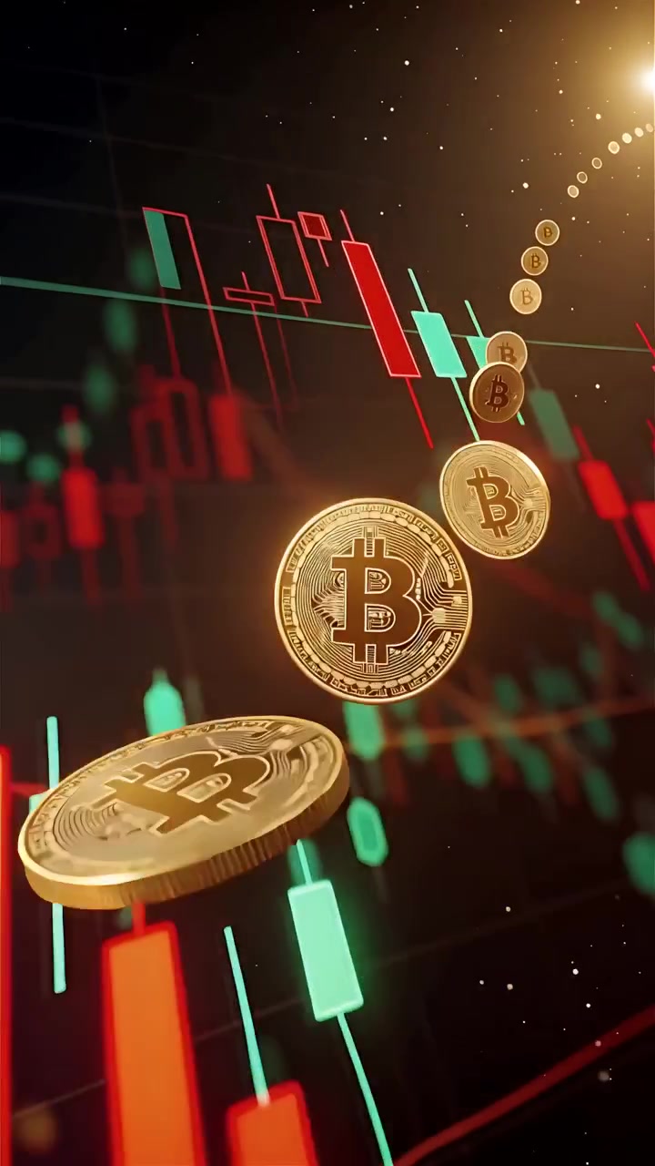 Moedas de Bitcoin douradas com fundo de gráfico de velas desfocado 4K