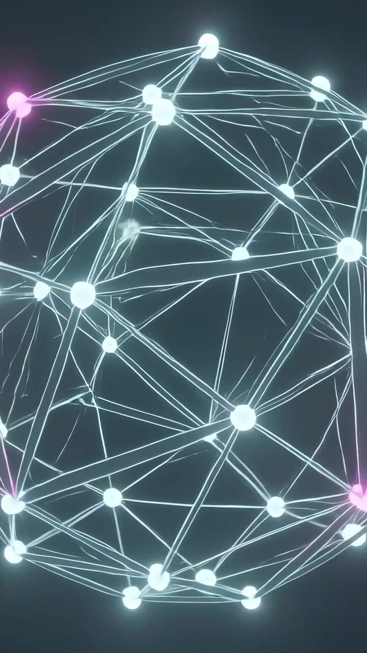 Video verticale: Un globo di fili rotante in riproduzione al buio, con nodi e linee ciano-rosa pulsanti che mostrano il flusso.
