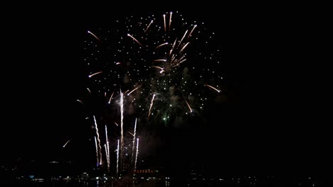 fuegos artificiales reales que explotan el relleno del marco de celebración y el bucle sin problemas desenfoque abstracto luces bokeh en el cielo nocturno con el festival de espectáculo de fuegos artificiales que brillan intensamente