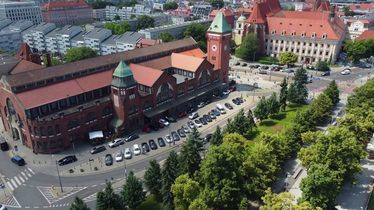 Drone view of Wrocław Market Hall (Hala Targowa) near riverside on sunny summer's afternoon - Poland