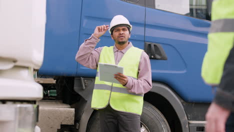 distant view of worker wearing vest and safety helmet organizing a truck fleet in a logistics park while reading a document