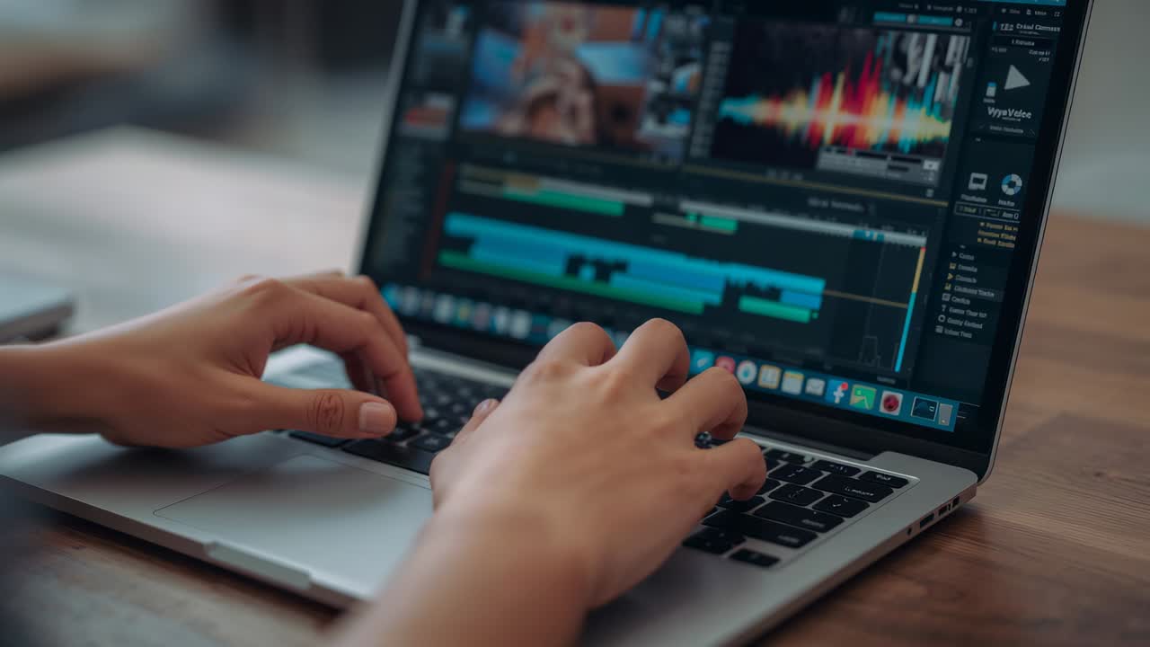 Playhead moving, editor hands scrubbing timeline and reviewing audio on laptop at wooden desk