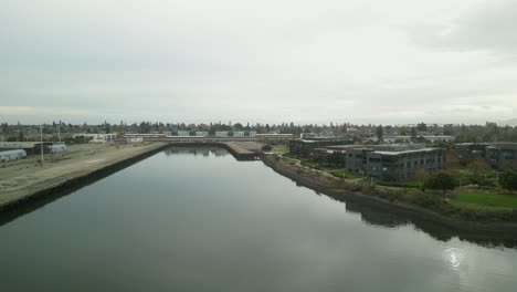 aerial look at mariner square's marina in alameda, california.