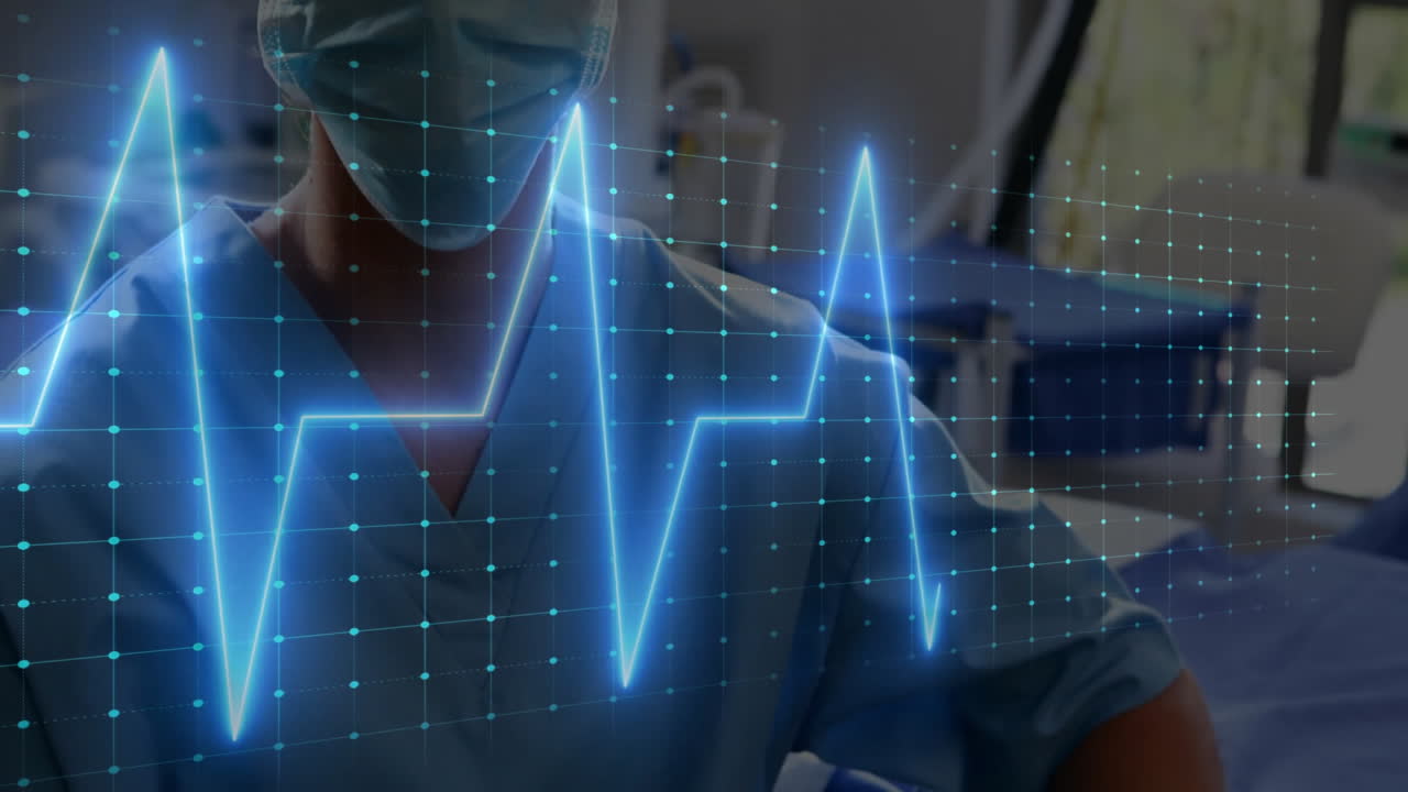 Nurse wearing scrubs and mask monitoring patient data in hospital, with neon-blue ECG overlay