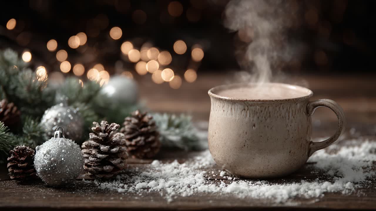 A Cozy Winter Scene Featuring a Steaming Mug of Hot Beverage Surrounded by Pine Cones, Christmas Ornaments, and Soft Sparkling Lights, Evoking a Festive Atmosphere