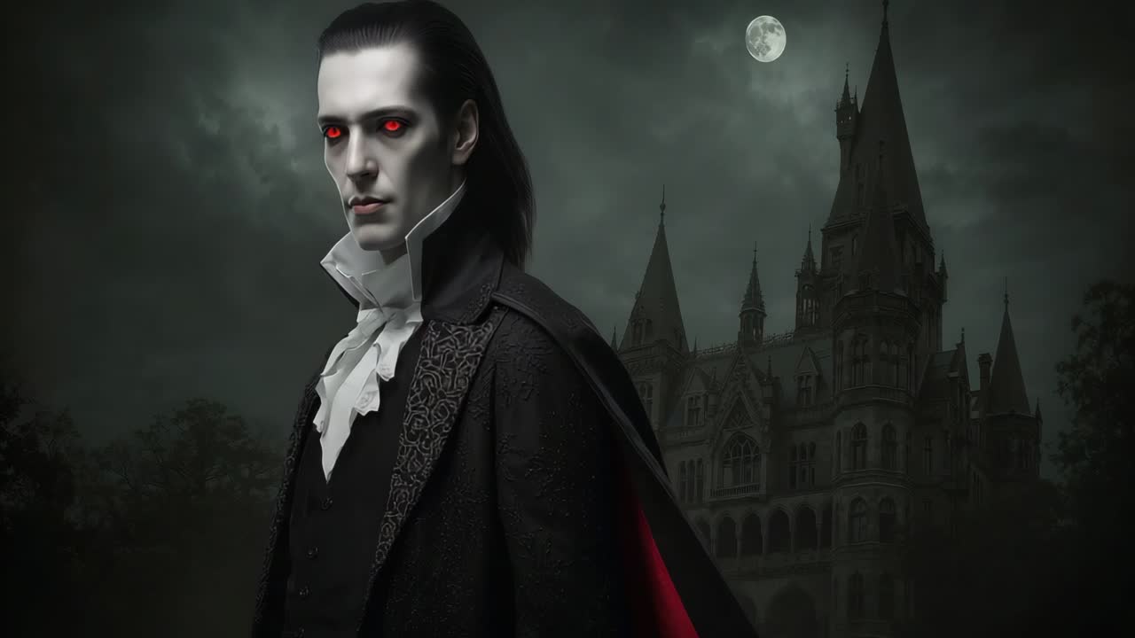 Gothic Vampire in Front of Castle at Night